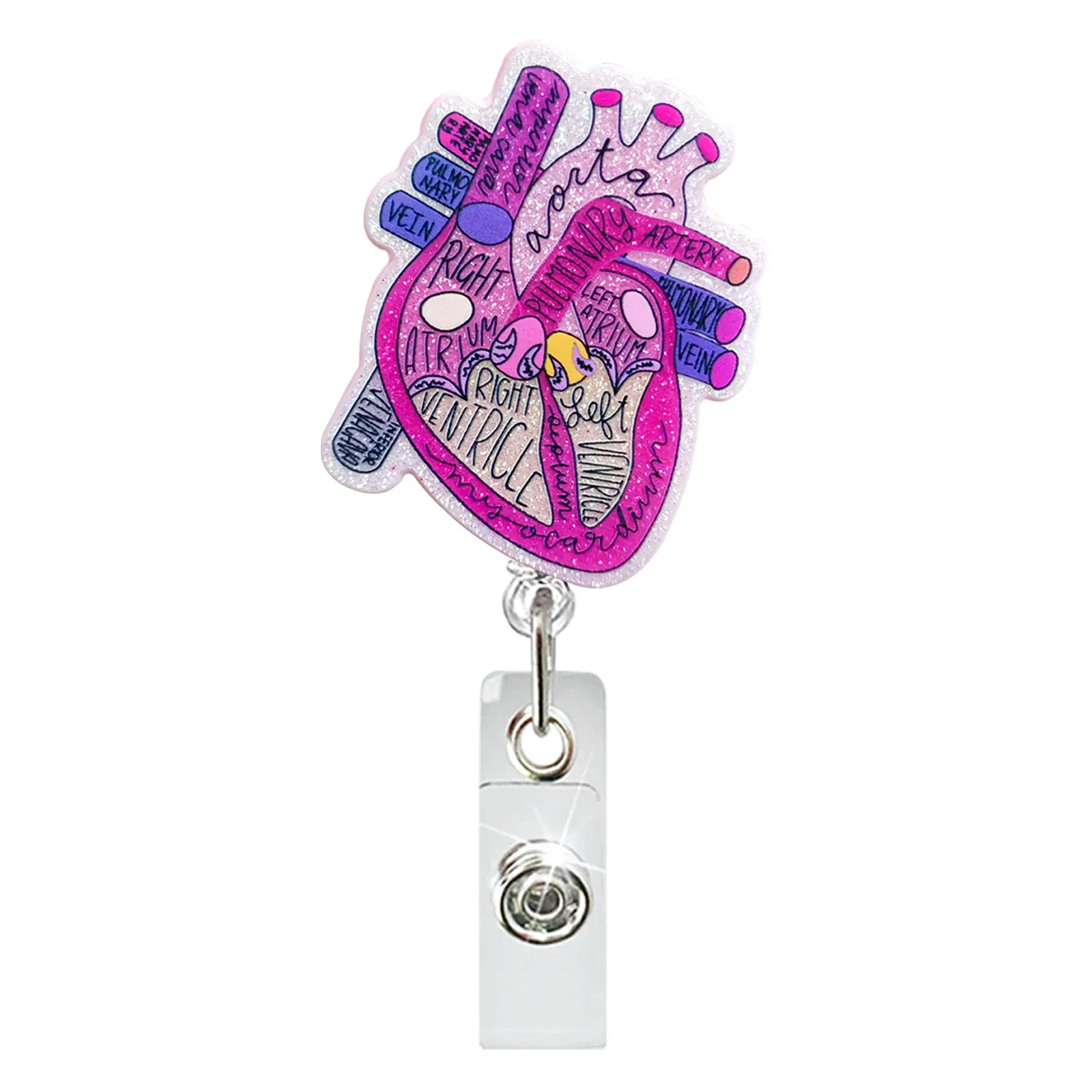Porte-badge rotatif rétractable pour médecin et infirmière, motif cœur, poumon ou cerveau en acrylique pailleté, pince crocodile 15