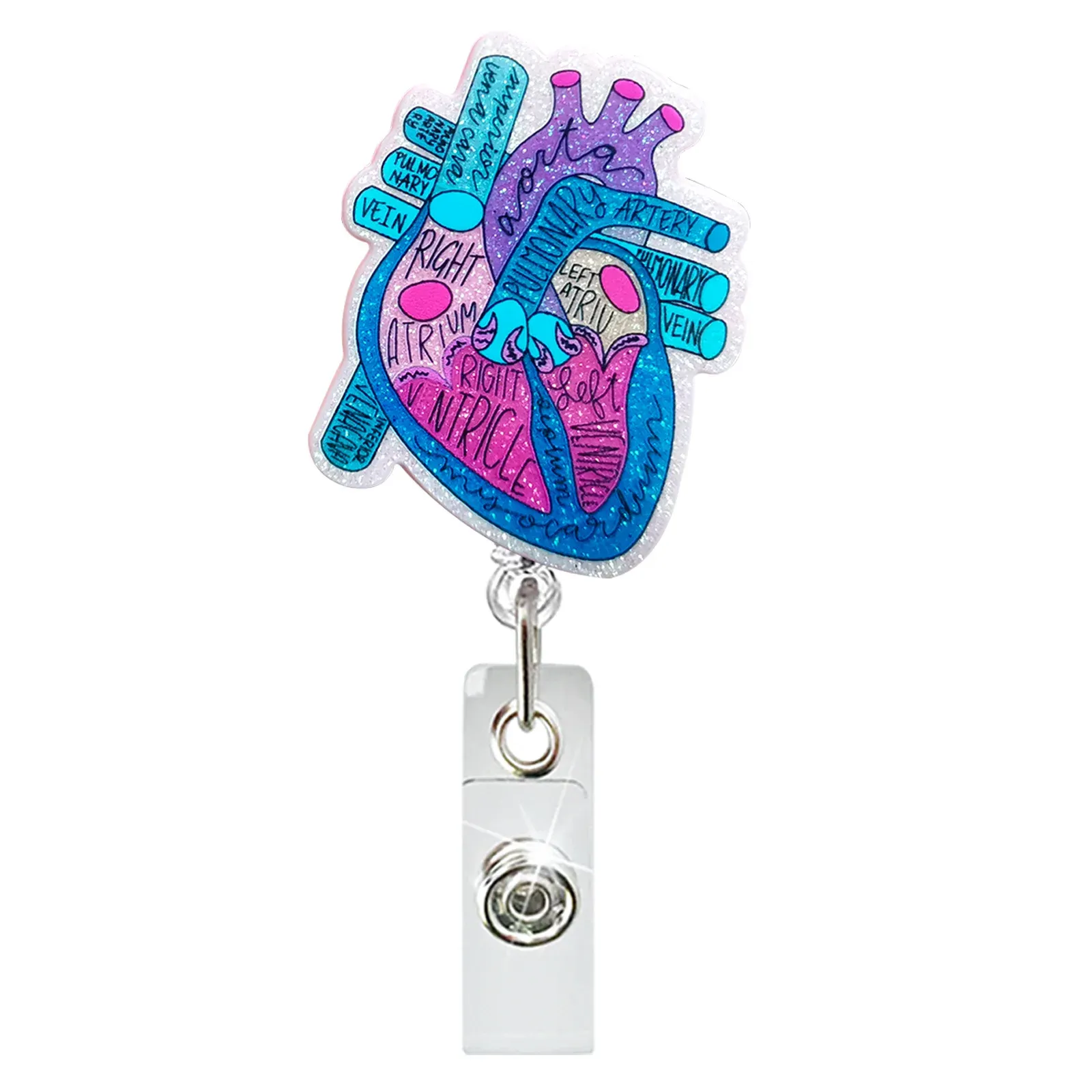 Porte-badge rotatif rétractable pour médecin et infirmière, motif cœur, poumon ou cerveau en acrylique pailleté, pince crocodile 16