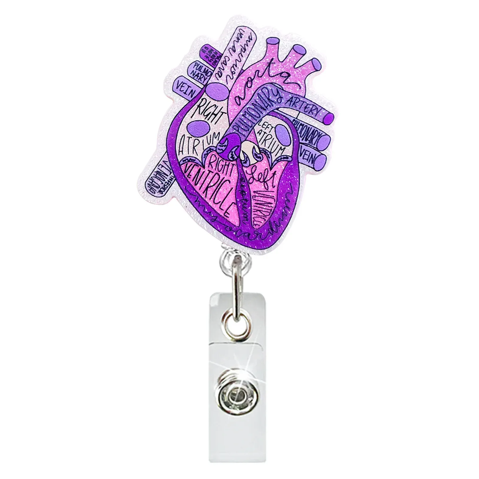 Porte-badge rotatif rétractable pour médecin et infirmière, motif cœur, poumon ou cerveau en acrylique pailleté, pince crocodile 13