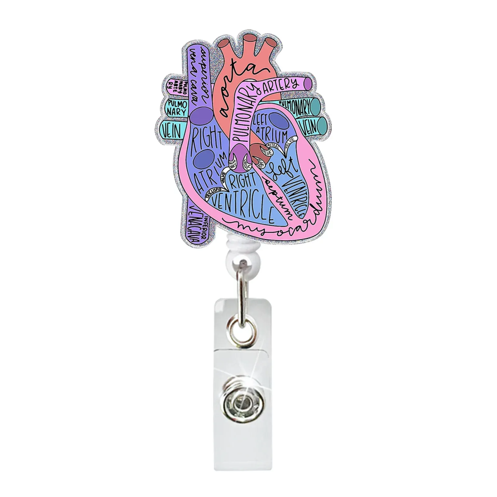Porte-badge rotatif rétractable pour médecin et infirmière, motif cœur, poumon ou cerveau en acrylique pailleté, pince crocodile 20