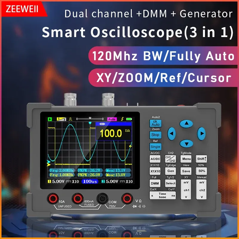 ZEEWEII DSO3D12 Oscilloscope numérique de bureau 3,2 pouces, bande passante 120 MHz, multimètre à double canal et générateur de signaux 3 en 1 - Image 1