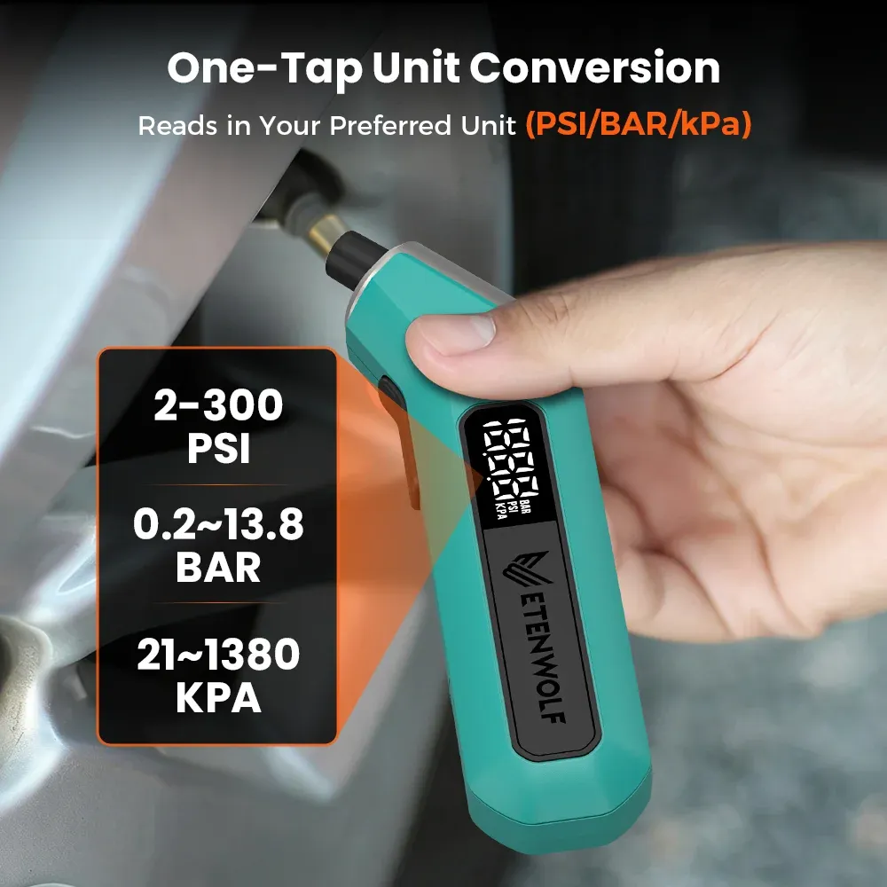 Manomètre numérique pour pneus ETENWOLF T300, 3 à 200 PSI, calibré selon la norme ANSI B40.7 Grade 2A, piles AAA 2