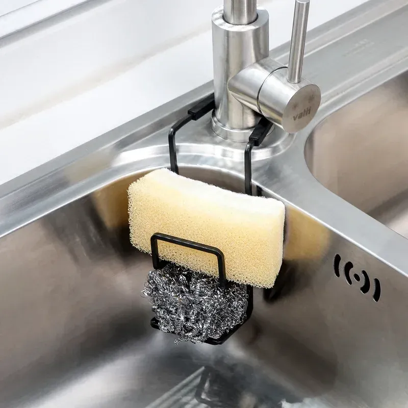 Support de séchage mural en métal pour évier de cuisine avec ventouse, pour éponge, savon, torchon et accessoires de rangement 1