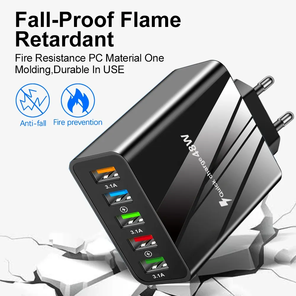 Chargeur mural USB 5 ports 48 W à charge rapide QC 3.0, compatible iPhone, Samsung et Xiaomi, prises UE et US 2