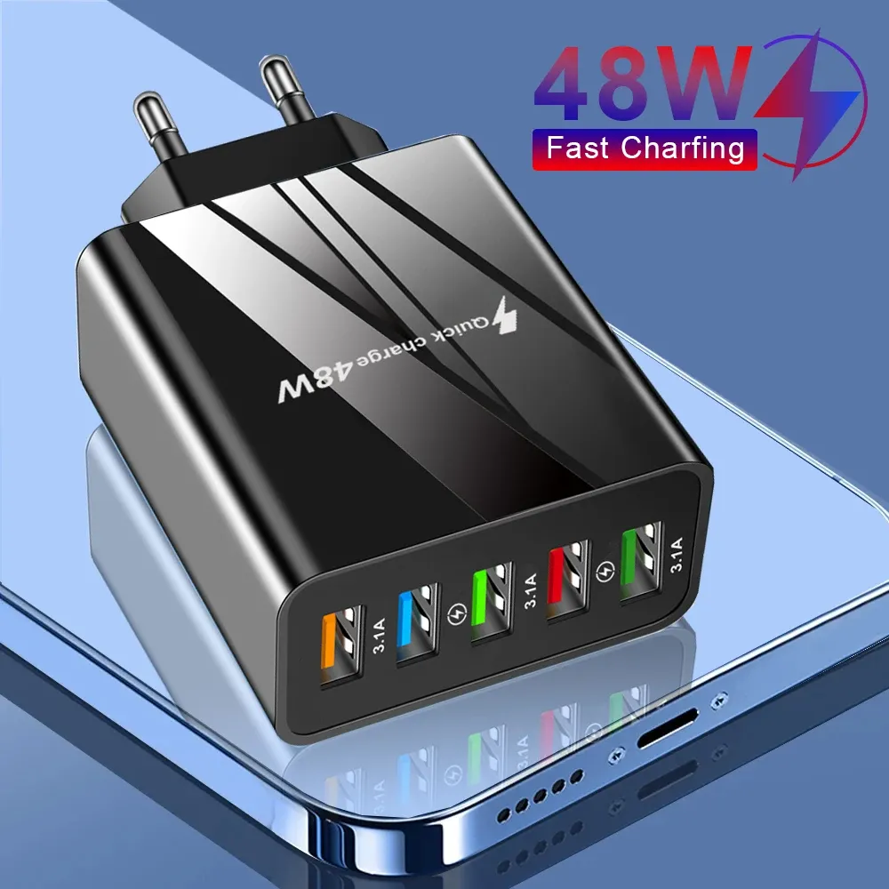 Chargeur mural USB 5 ports 48 W à charge rapide QC 3.0, compatible iPhone, Samsung et Xiaomi, prises UE et US