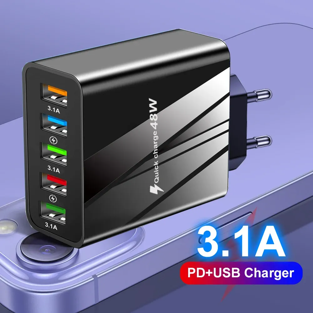 Chargeur mural USB 5 ports 48 W à charge rapide QC 3.0, compatible iPhone, Samsung et Xiaomi, prises UE et US 4
