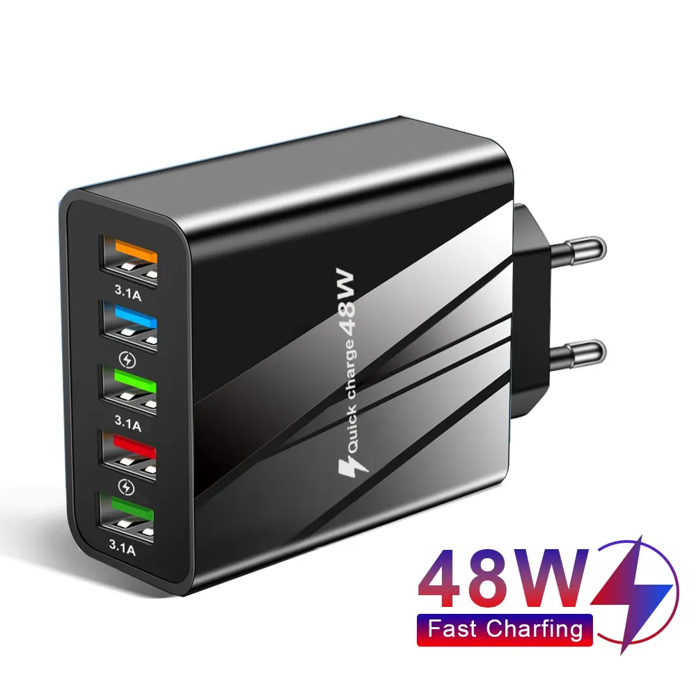 Chargeur mural USB 5 ports 48 W à charge rapide QC 3.0, compatible iPhone, Samsung et Xiaomi, prises UE et US 6