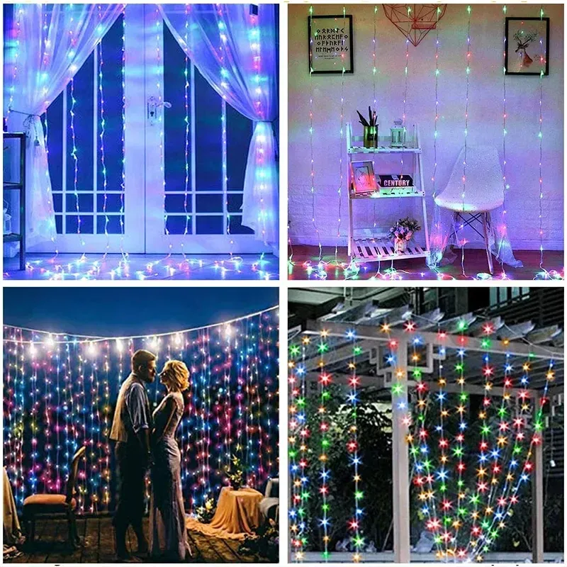 Rideau lumineux LED féerique illuminant une fenêtre