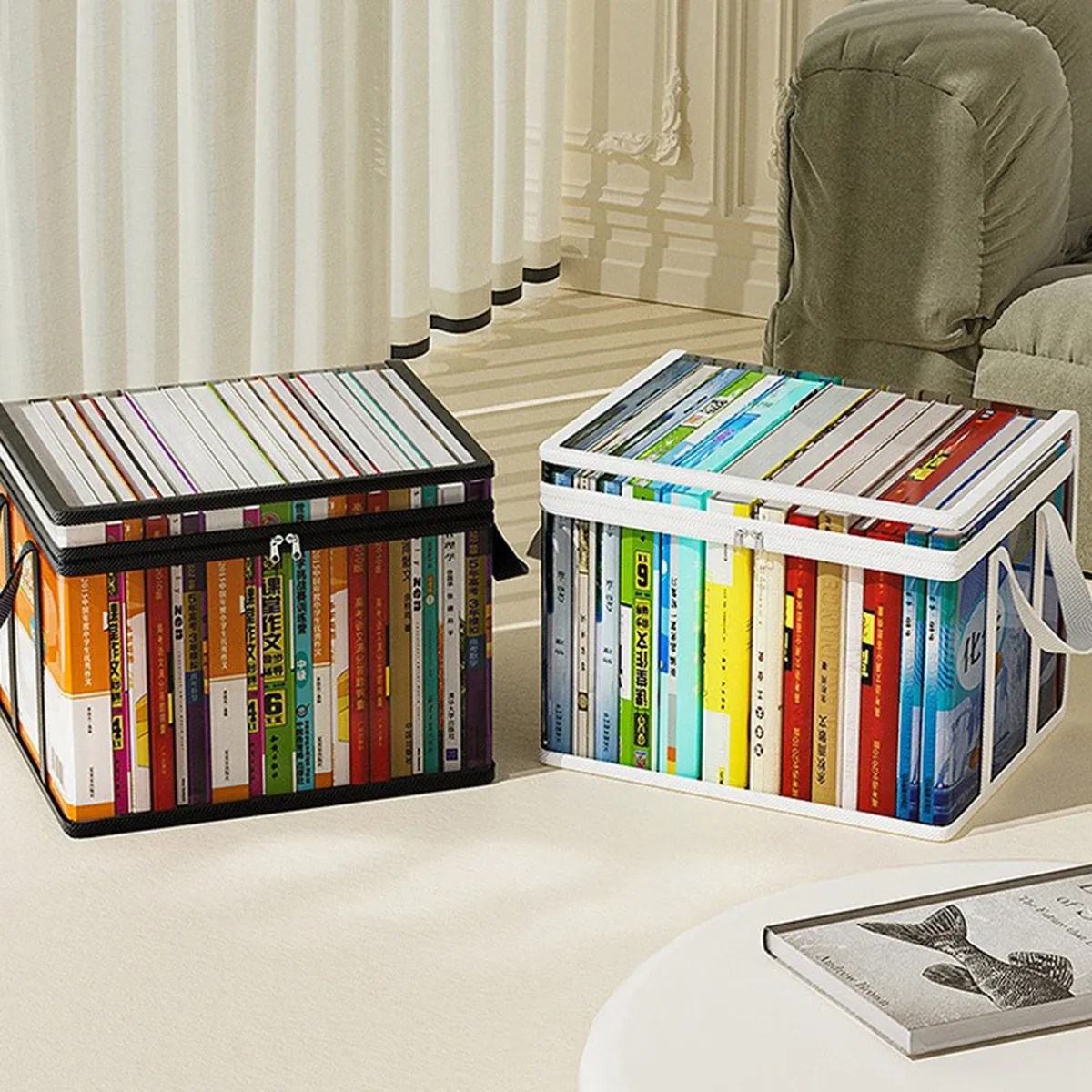 Boîte de rangement pliable et imperméable pour livres, organisateur de grande capacité pour étudiants, maison, école et dortoir, sac à livres portable en PVC 6