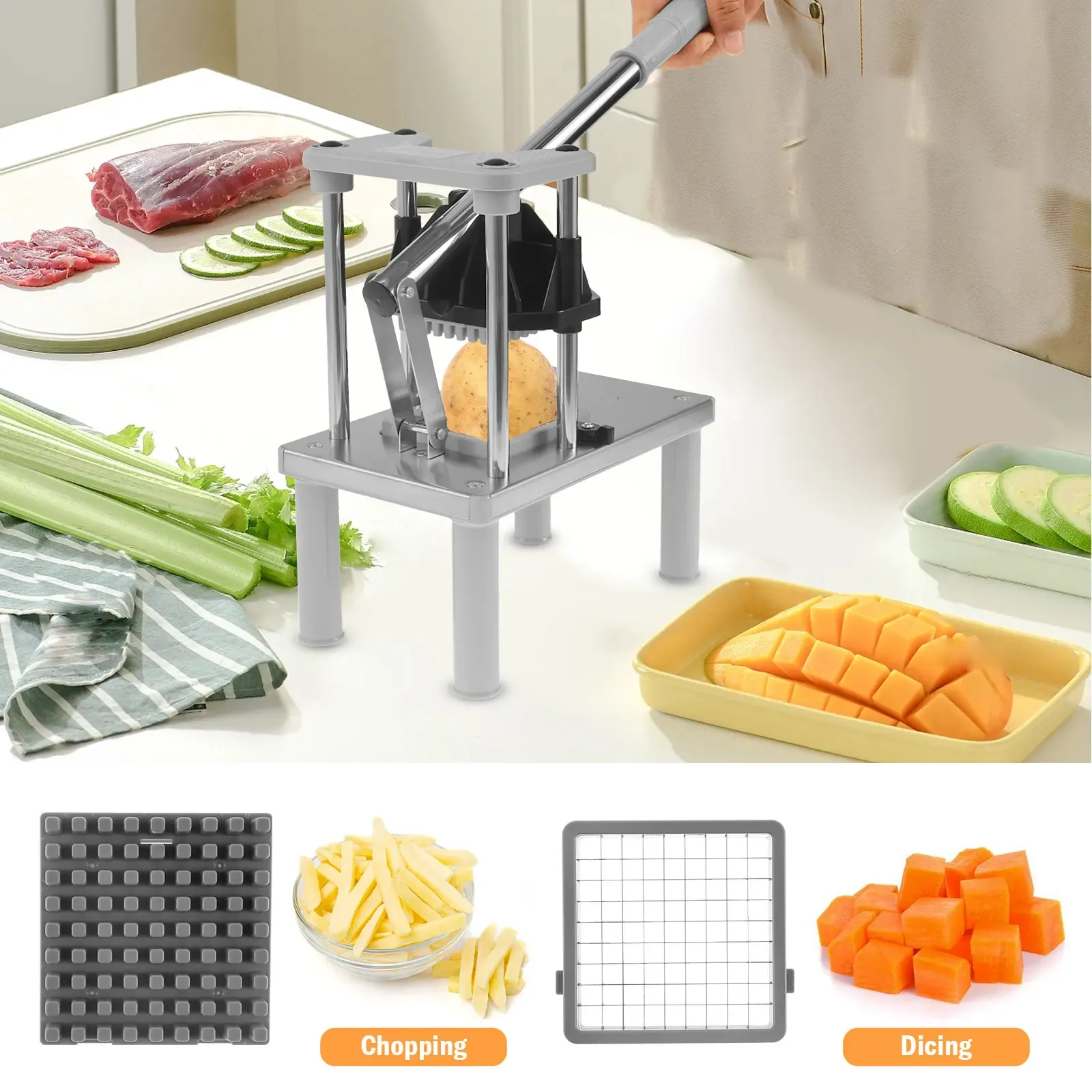Hachoir à fruits et légumes commercial, coupe-frites avec 2 lames de rechange, coupe-légumes en acier inoxydable massif 2