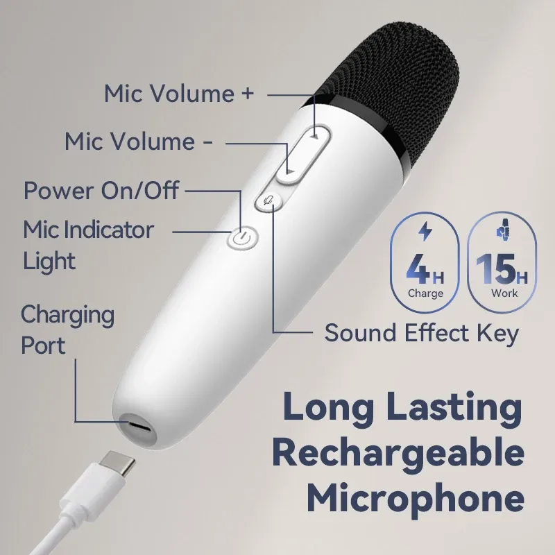 Microphone karaoké T1-Nach pour voiture, rechargeable, avec récepteur USB-A et USB-C, prêt à l'emploi sans appairage 6
