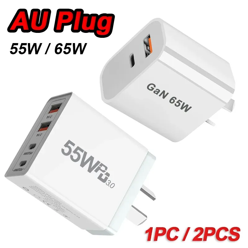 Chargeur USB rapide 55 W / 65 W avec prise AU, chargeur USB-C pour Xiaomi, Redmi, iPhone et Samsung, adaptateur de charge rapide PD, chargeur mural