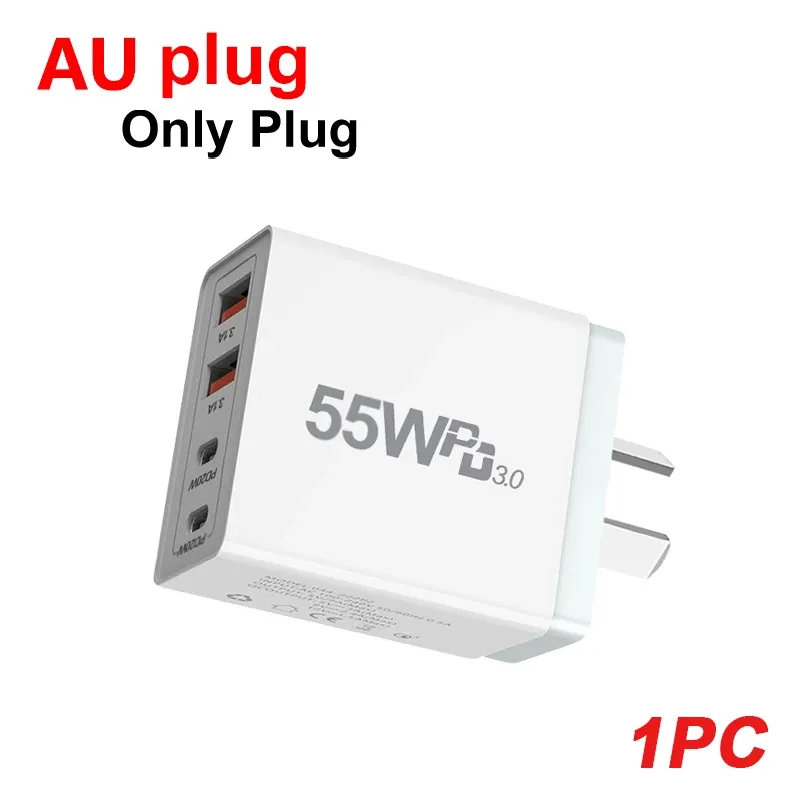Chargeur USB rapide 55 W / 65 W avec prise AU, chargeur USB-C pour Xiaomi, Redmi, iPhone et Samsung, adaptateur de charge rapide PD, chargeur mural 10