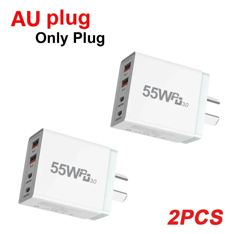 Chargeur USB rapide 55 W / 65 W avec prise AU, chargeur USB-C pour Xiaomi, Redmi, iPhone et Samsung, adaptateur de charge rapide PD, chargeur mural 9