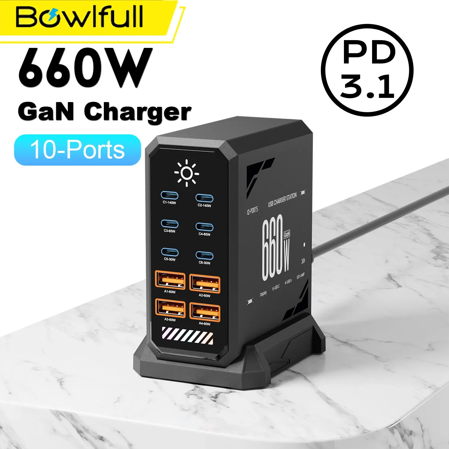 Station de charge USB-C GaN 660 W, 10 ports, USB-C PD 3.1, PD 3.0, PPS, compatible MacBook Pro, iPad, iPhone 16, Samsung