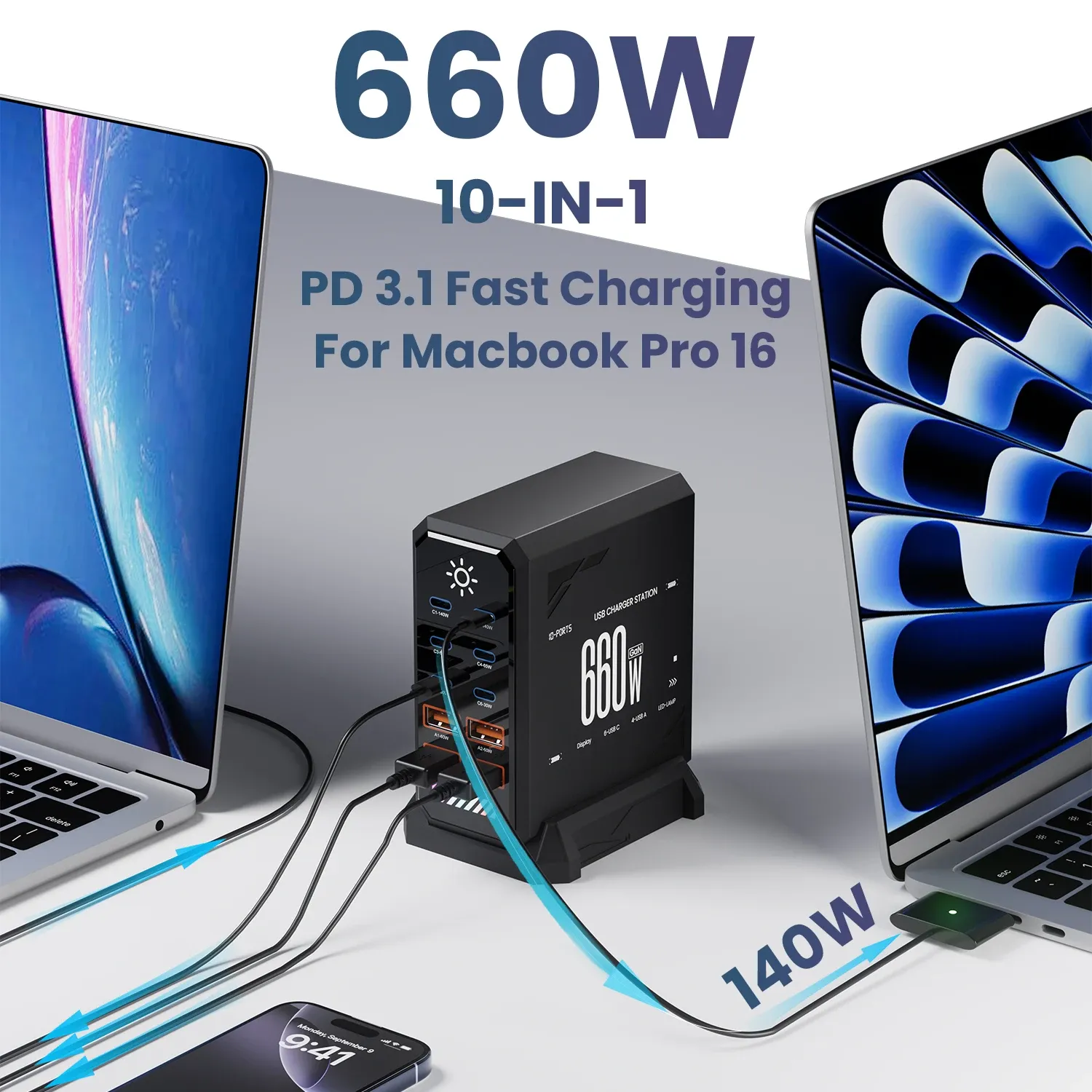 Station de charge USB-C GaN 660 W, 10 ports, USB-C PD 3.1, PD 3.0, PPS, compatible MacBook Pro, iPad, iPhone 16, Samsung 3