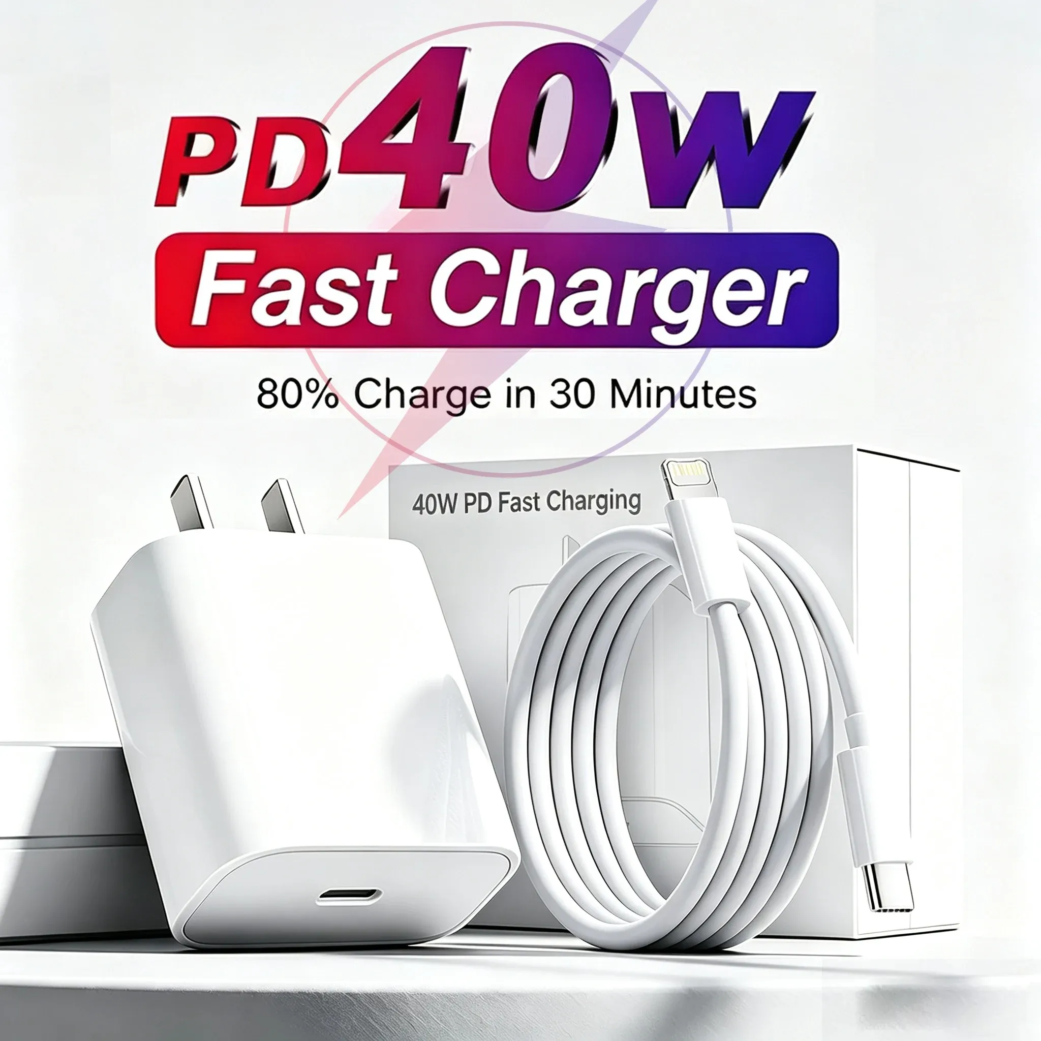 Chargeur rapide PD 40 W avec câble USB-C tressé, compatible iPhone 11 à 18 (Pro Max, Plus, Air), prise européenne et américaine - Image 1