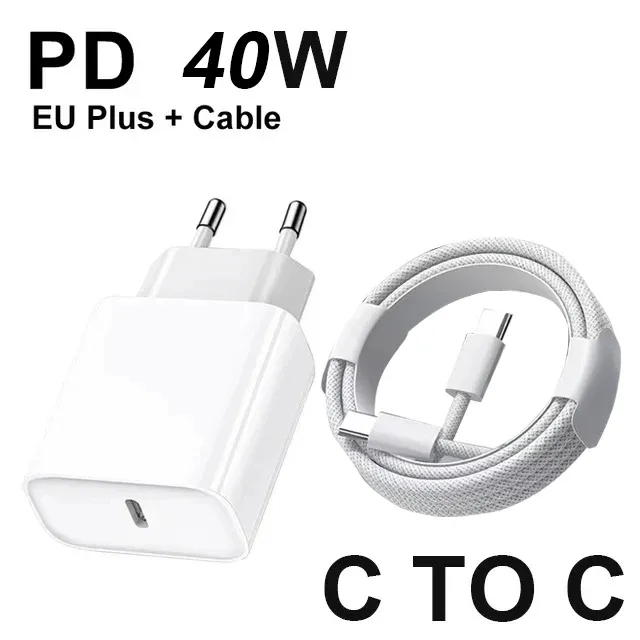 Chargeur rapide PD 40 W avec câble USB-C tressé, compatible iPhone 11 à 18 (Pro Max, Plus, Air), prise européenne et américaine 14