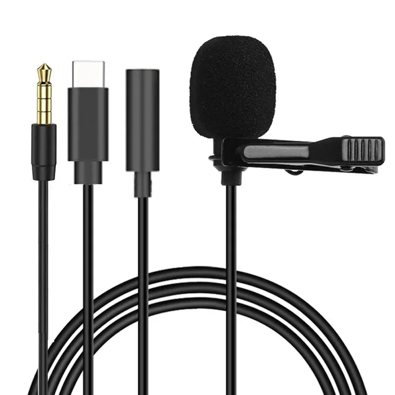 Micro-cravate portable à condensateur, câble 1,5 m, connecteurs USB, jack 3,5 mm et USB-C, pour ordinateur portable et appareil photo reflex numérique