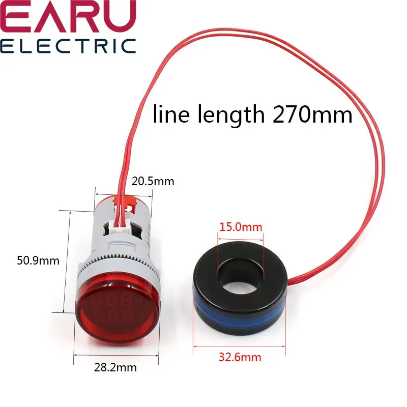 Mini Voltmètre Numérique Rond 22 mm, AC 20-500 V, 0-100 A, Ampèremètre et Testeur de Tension à LED 2