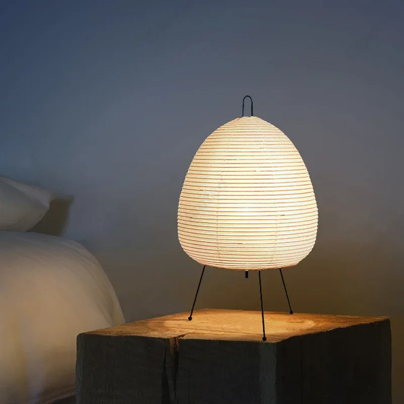Lampe de table japonaise en papier de riz sur trépied, à LED, pour chambre à coucher