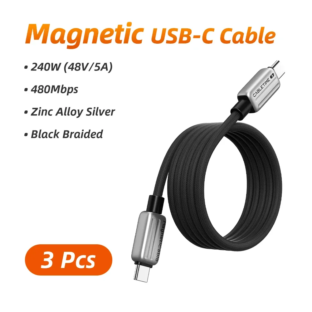 CABLETIME Câble USB-C Magnétique 240 W, Câble de Charge Rapide Type C pour MacBook, Ordinateur Portable, iPhone 17, 16, Samsung S25 7