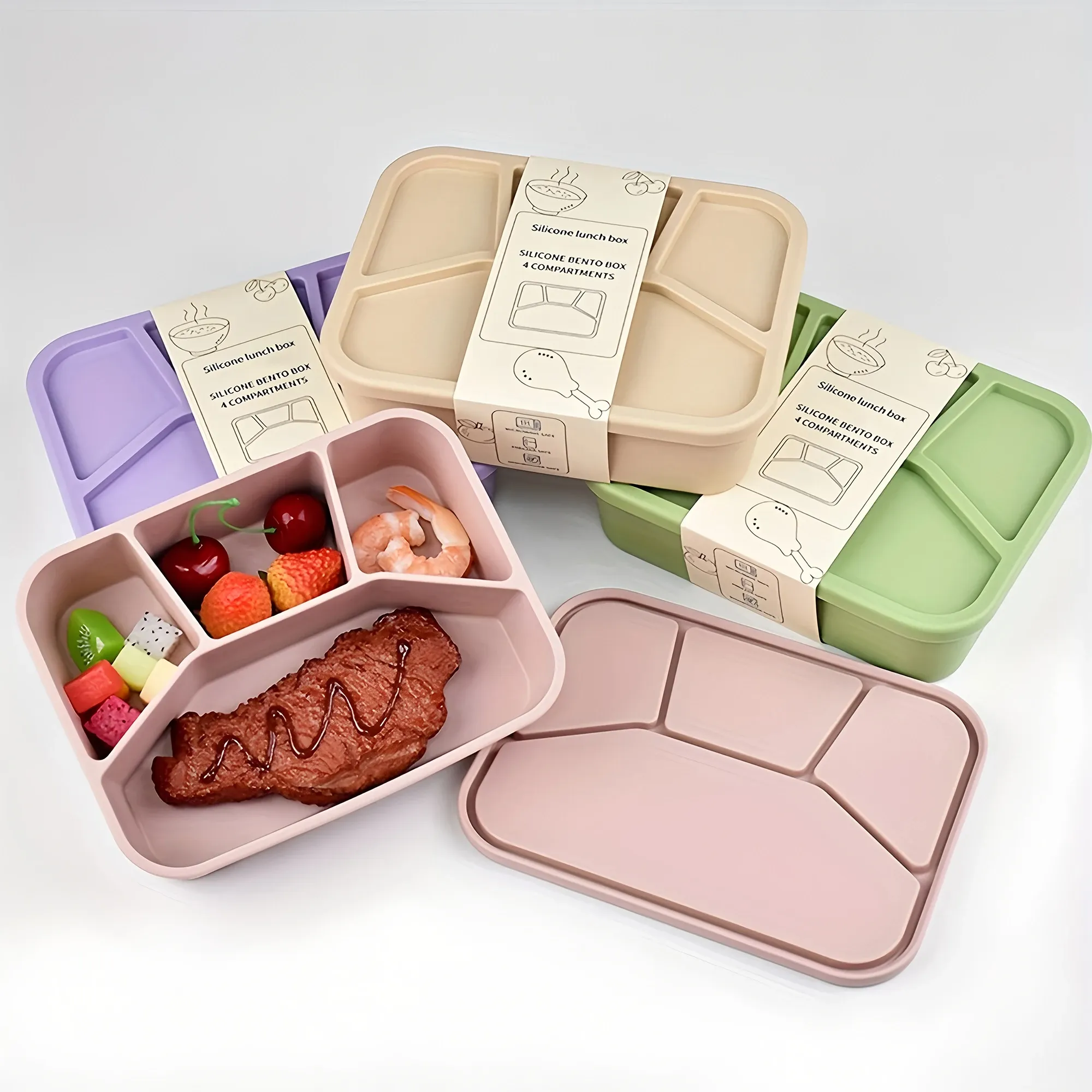 Boîte à bento en silicone à 4 compartiments, réutilisable, épaissie et étanche, de qualité alimentaire 3