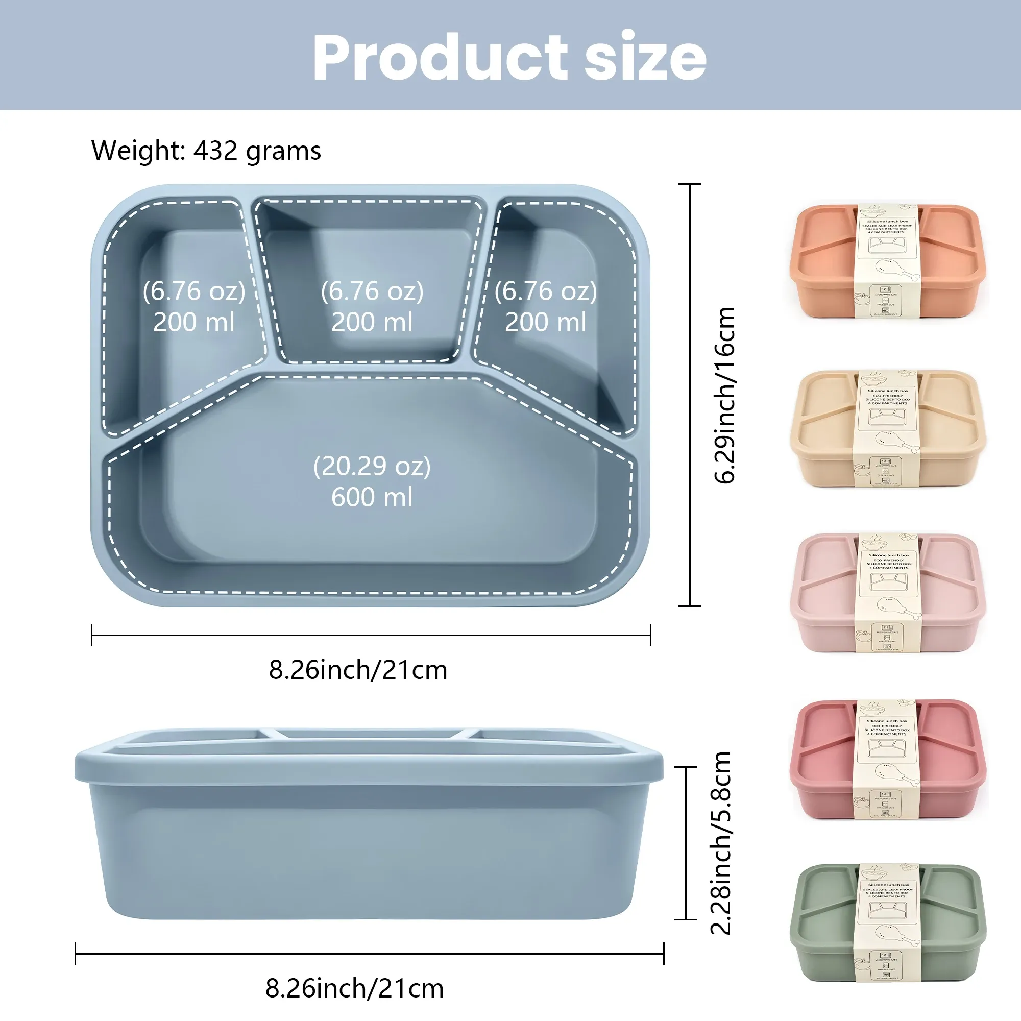 Boîte à bento en silicone à 4 compartiments, réutilisable, épaissie et étanche, de qualité alimentaire 2