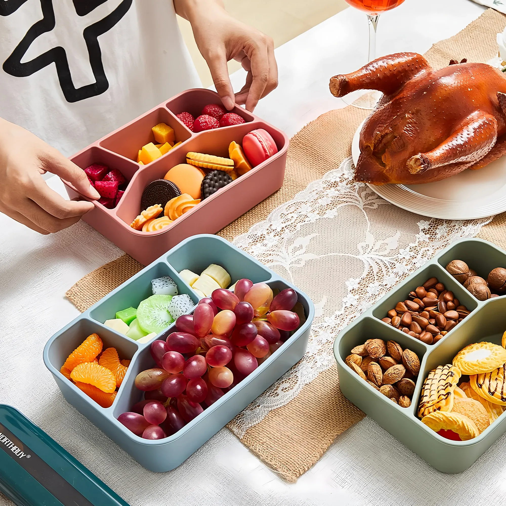 Boîte à bento en silicone à 4 compartiments, réutilisable, épaissie et étanche, de qualité alimentaire 6