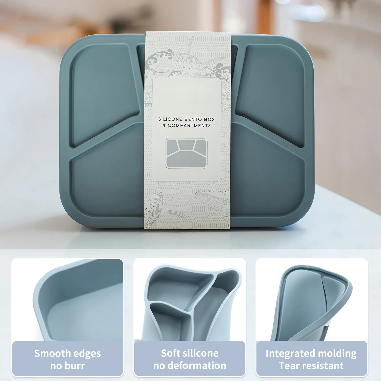 Boîte à bento en silicone, compartiments séparés