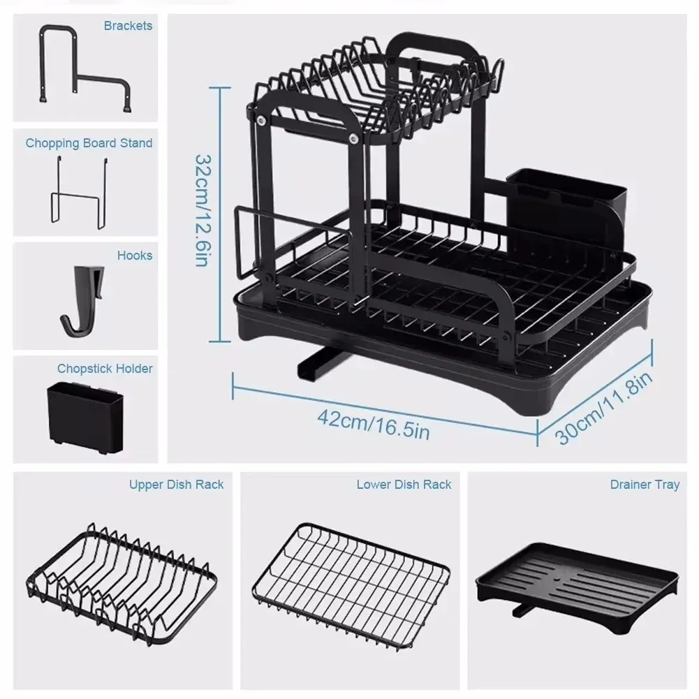 Égouttoir à vaisselle 2 niveaux avec panier d'égouttage, support de rangement pour cuisine, organisateur de vaisselle de comptoir 3