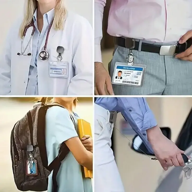 Porte-clés à enrouleur en fil métallique rétractable robuste, avec lanière d'identification et étiquette de nom 3