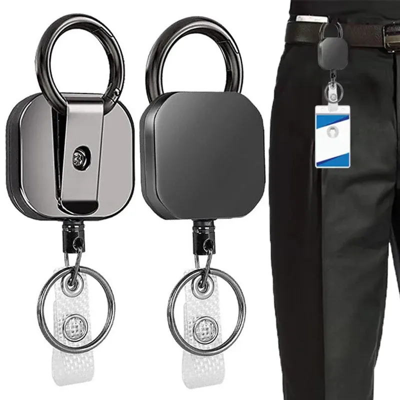 Porte-clés à enrouleur en fil métallique rétractable robuste, avec lanière d'identification et étiquette de nom