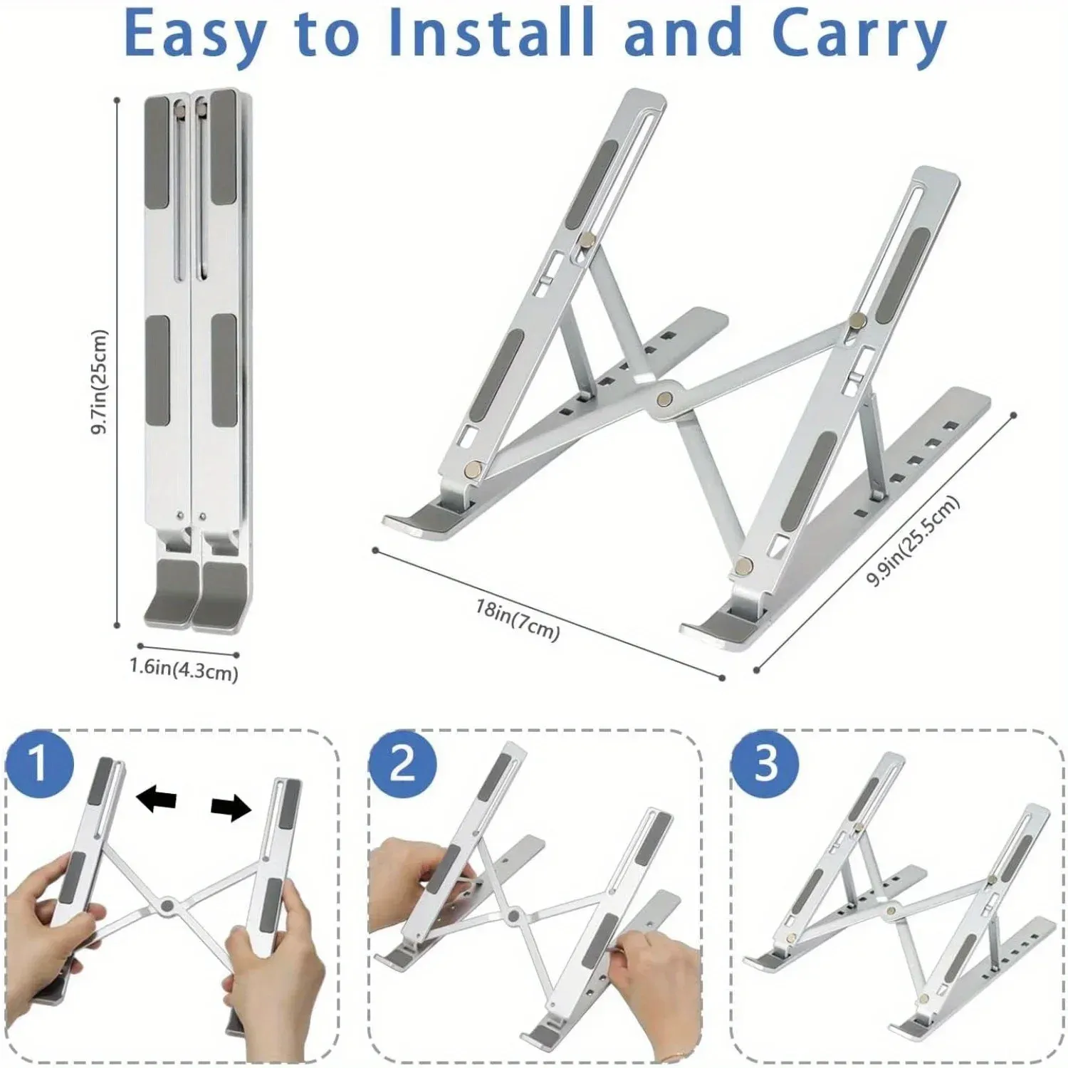 Support réglable en aluminium pour ordinateur portable à 6 hauteurs, pliable et portable, compatible écrans de 8 à 16 pouces, ventilation optimisée 2