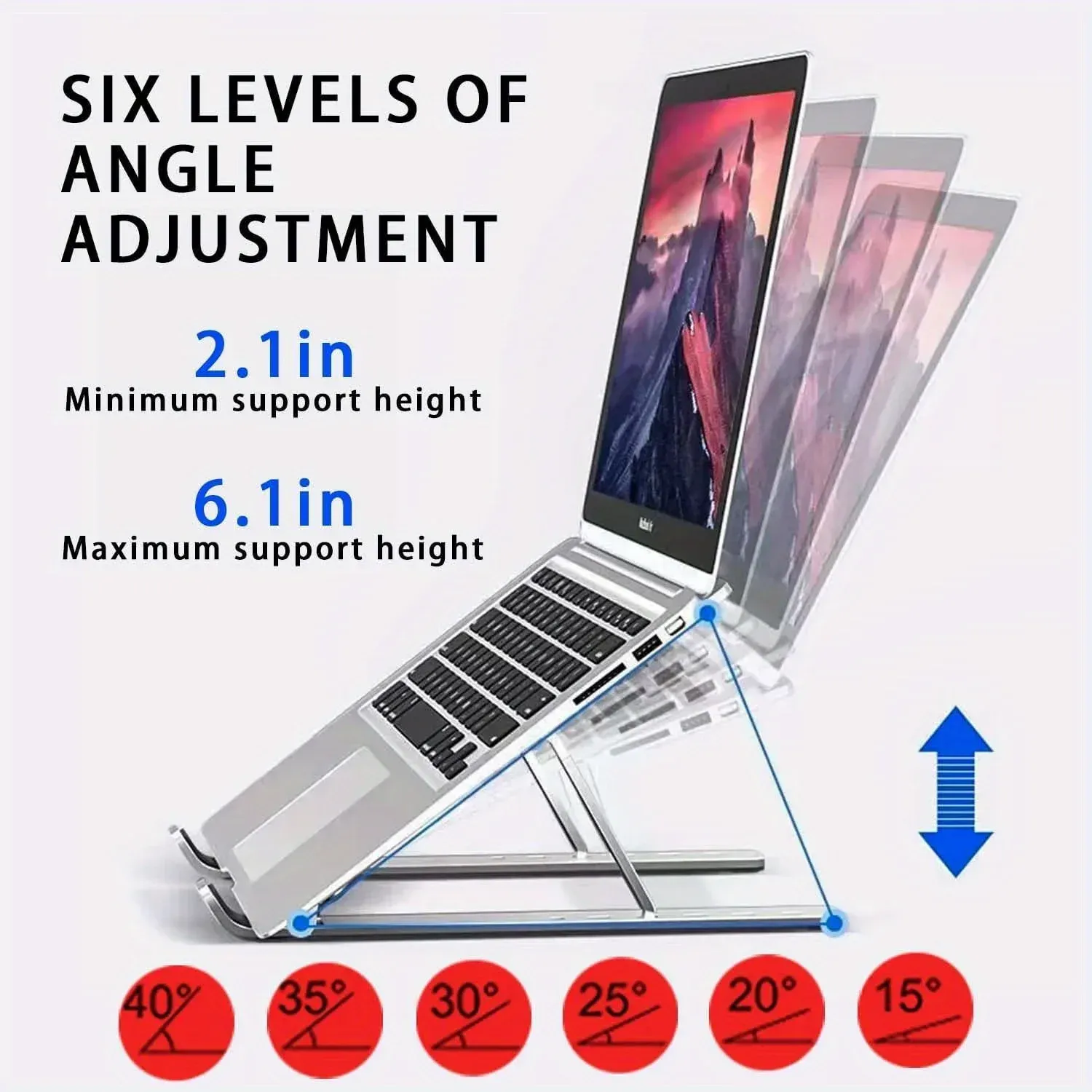 Support réglable en aluminium pour ordinateur portable à 6 hauteurs, pliable et portable, compatible écrans de 8 à 16 pouces, ventilation optimisée 3