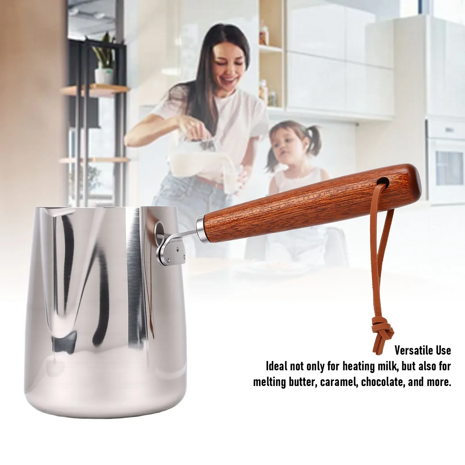 Pichet à mousse de lait en acier inoxydable 304 avec bec verseur et manche en bois, pour café 6