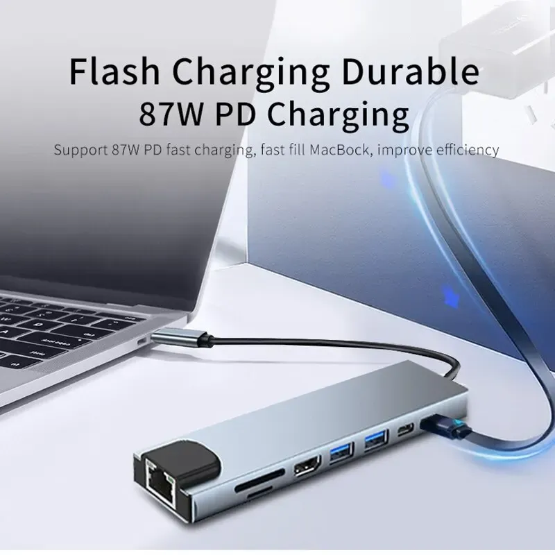 Adaptateur USB-C 8 en 1 avec sortie HDMI 4K, ports USB 3.1, lecteur de cartes SD/TF, RJ45 et charge rapide PD pour ordinateur portable et MacBook 4