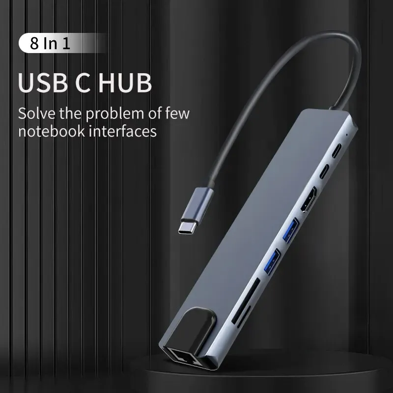 Hub USB-C 8 en 1 en alliage d'aluminium gris