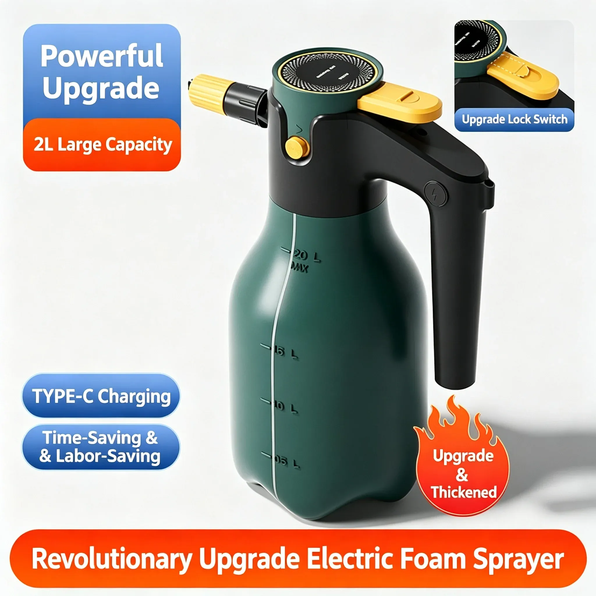 Pulvérisateur à mousse électrique 2 L avec buse haute pression réglable 60° pour lavage de voiture, nettoyage de véhicules, maison et jardin 2