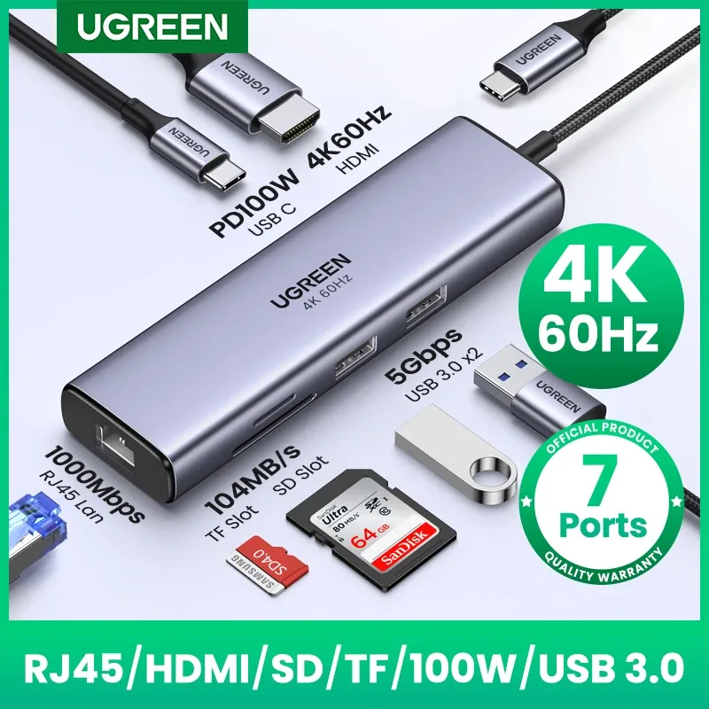 UGREEN Hub USB-C 7 en 1 vers HDMI 4K 60 Hz, SD et TF, 5 Gbps, USB 3.0, PD 100 W, compatible MacBook et ordinateurs portables