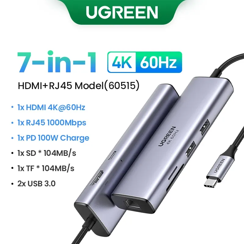 UGREEN Hub USB-C 7 en 1 vers HDMI 4K 60 Hz, SD et TF, 5 Gbps, USB 3.0, PD 100 W, compatible MacBook et ordinateurs portables 7