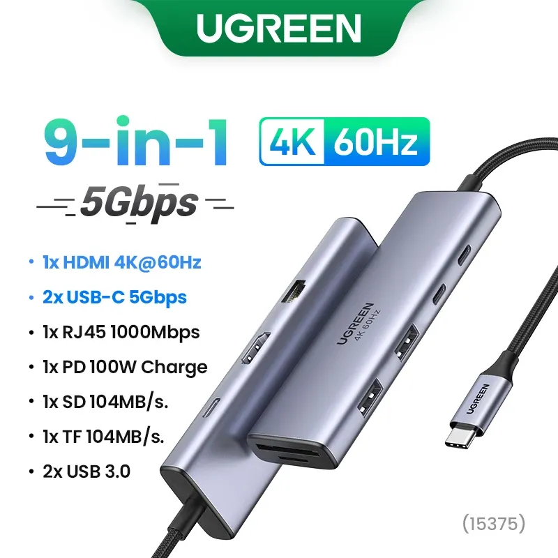 UGREEN Hub USB-C 7 en 1 vers HDMI 4K 60 Hz, SD et TF, 5 Gbps, USB 3.0, PD 100 W, compatible MacBook et ordinateurs portables 8