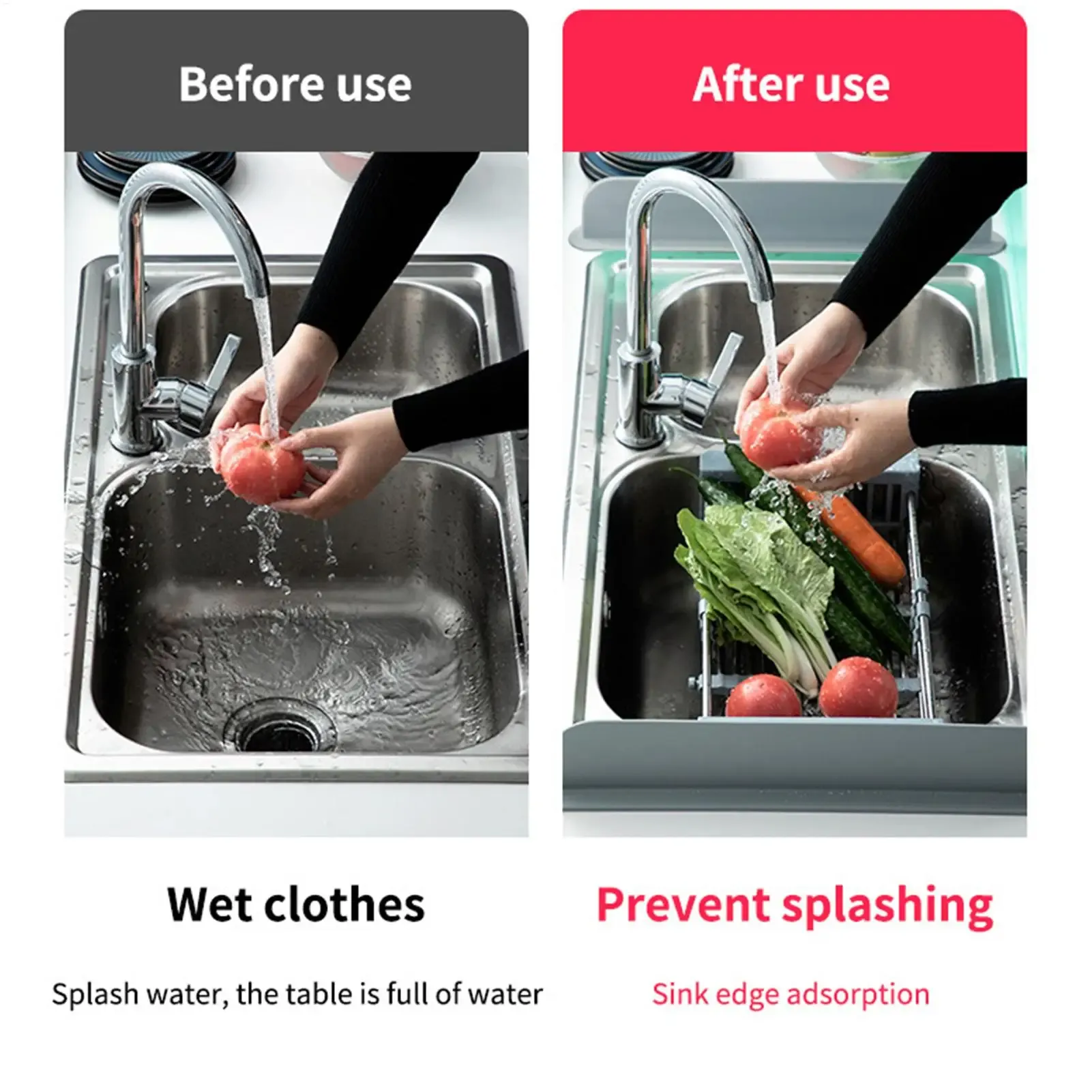 Déflecteur d'évier en silicone, protection anti-éclaboussures pour cuisine, barrière antidérapante pour le lavage de la vaisselle et des légumes, cloison adhésive 5