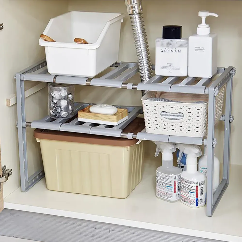 Organisateur sous évier extensible à 2 niveaux avec 10 panneaux amovibles, étagère de rangement pour salle de bain