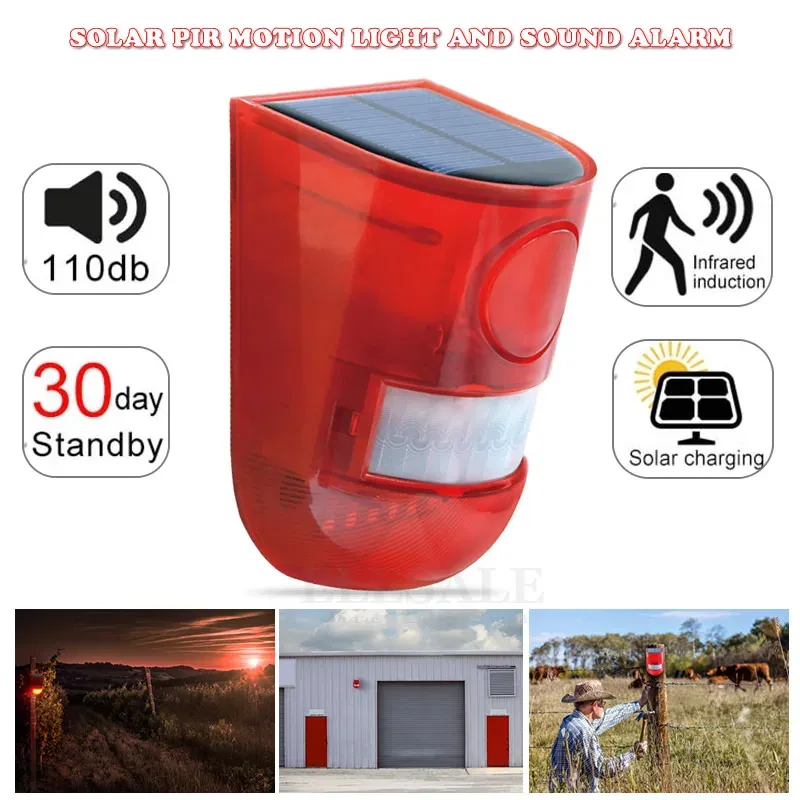 Alarme de sécurité solaire à détecteur de mouvement infrarouge, sirène 110 dB avec lumière stroboscopique pour maison, jardin, cabanon et caravane - Image 1