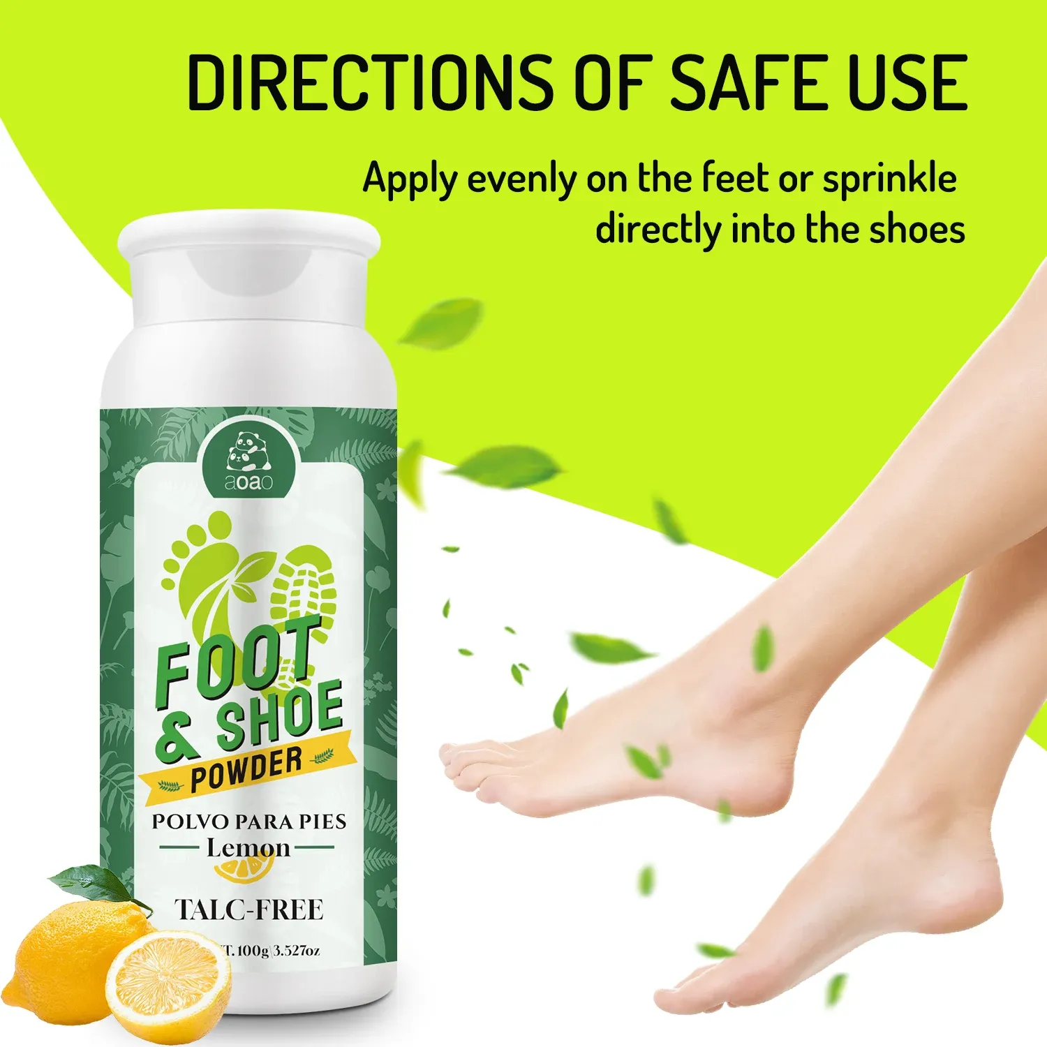 Poudre désodorisante pour pieds en situation d'utilisation