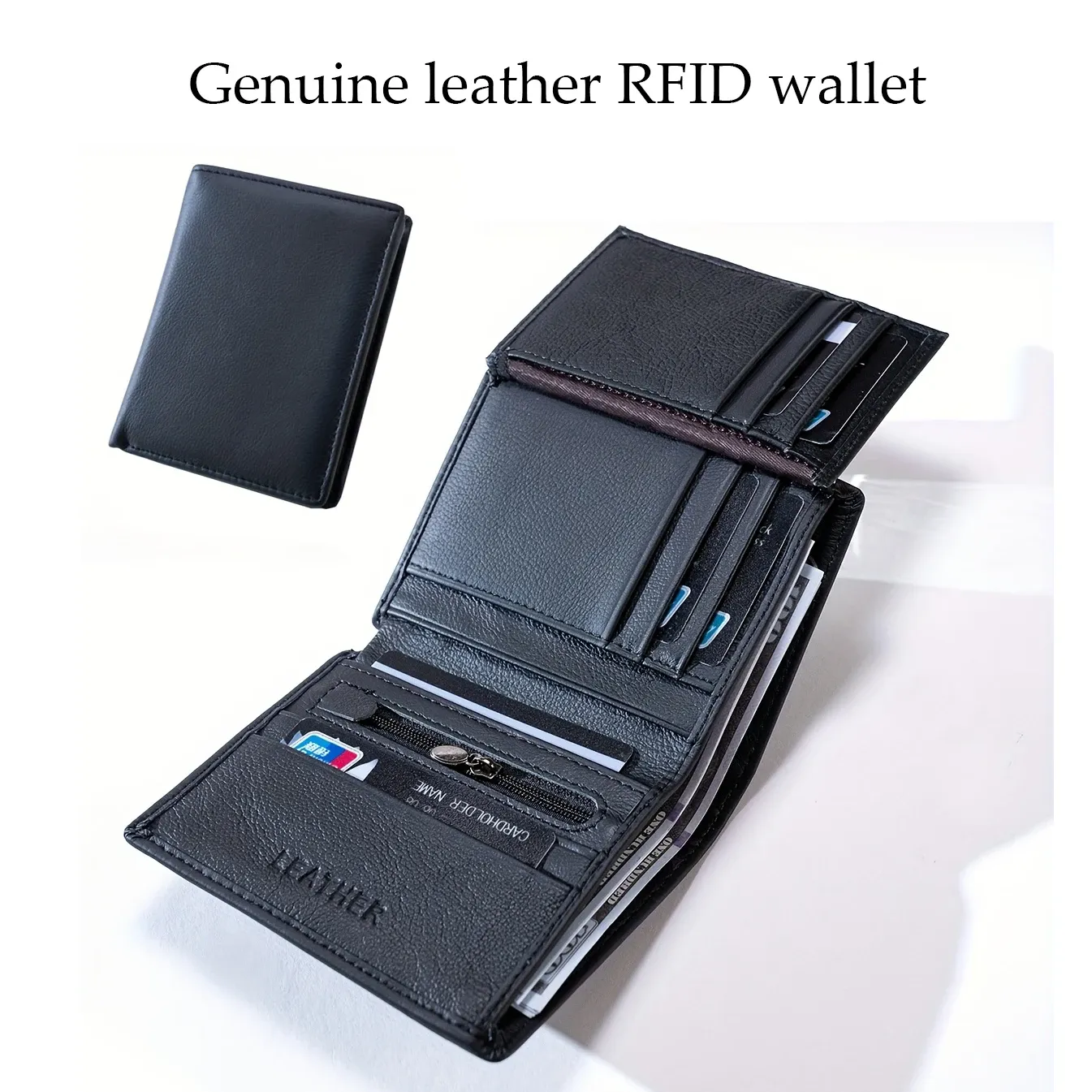 Portefeuille vertical en cuir véritable pour homme avec porte-monnaie zippé et protection RFID 1