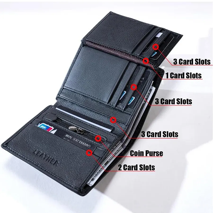 Portefeuille vertical en cuir véritable pour homme avec porte-monnaie zippé et protection RFID 3