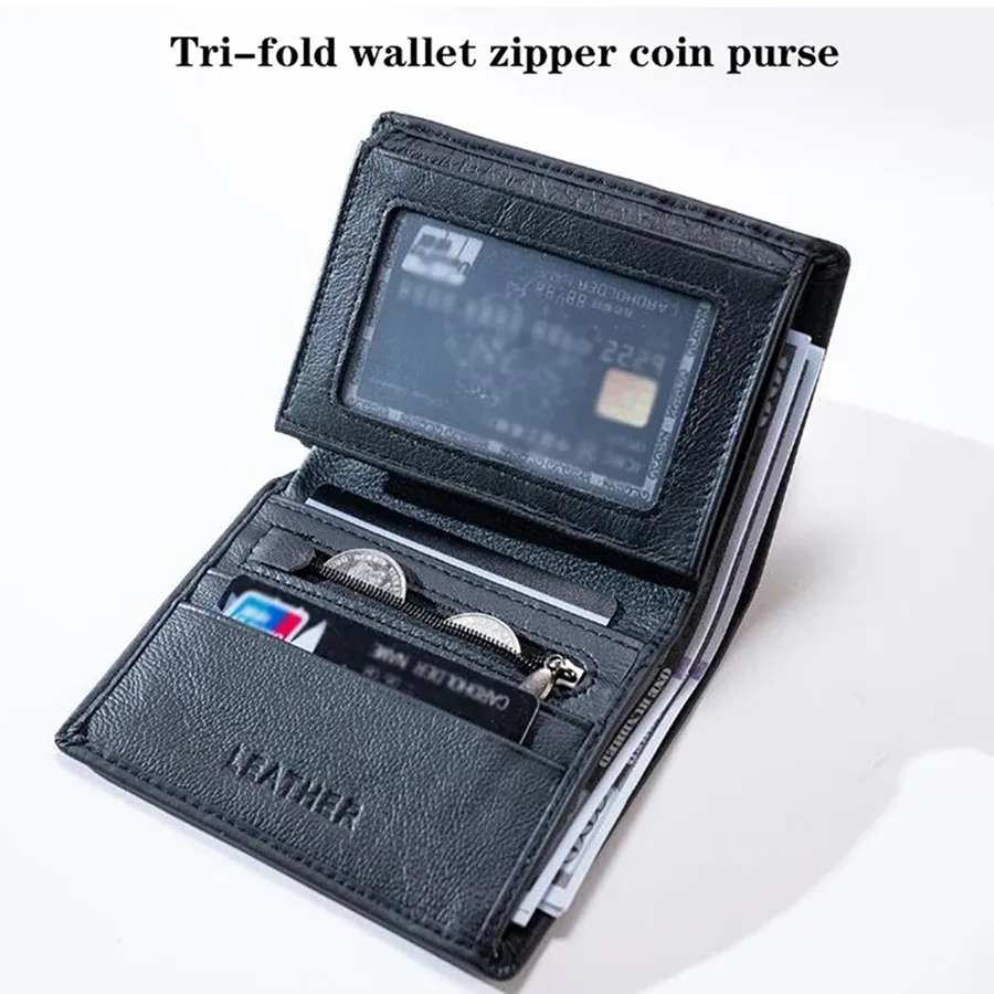 Portefeuille vertical en cuir véritable pour homme avec porte-monnaie zippé et protection RFID 2