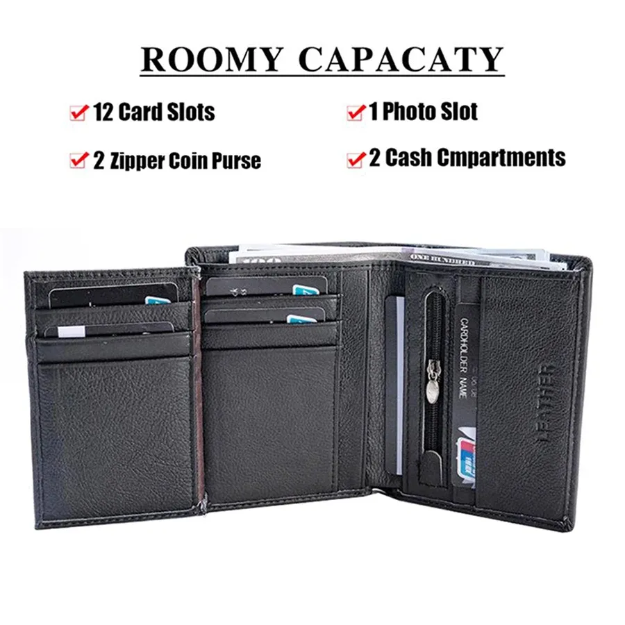 Portefeuille vertical en cuir véritable pour homme avec porte-monnaie zippé et protection RFID 4